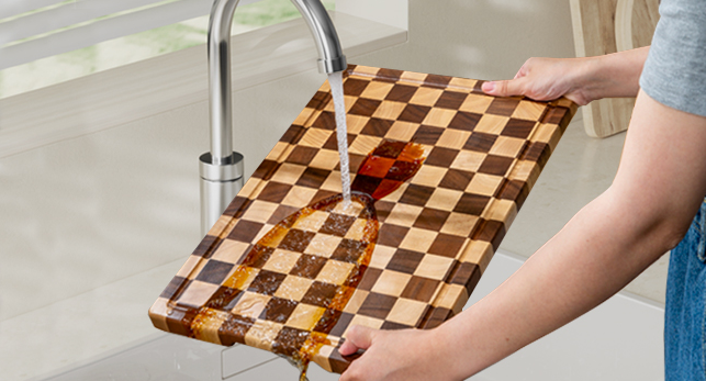 Natural wood checkerboard cutting board detail